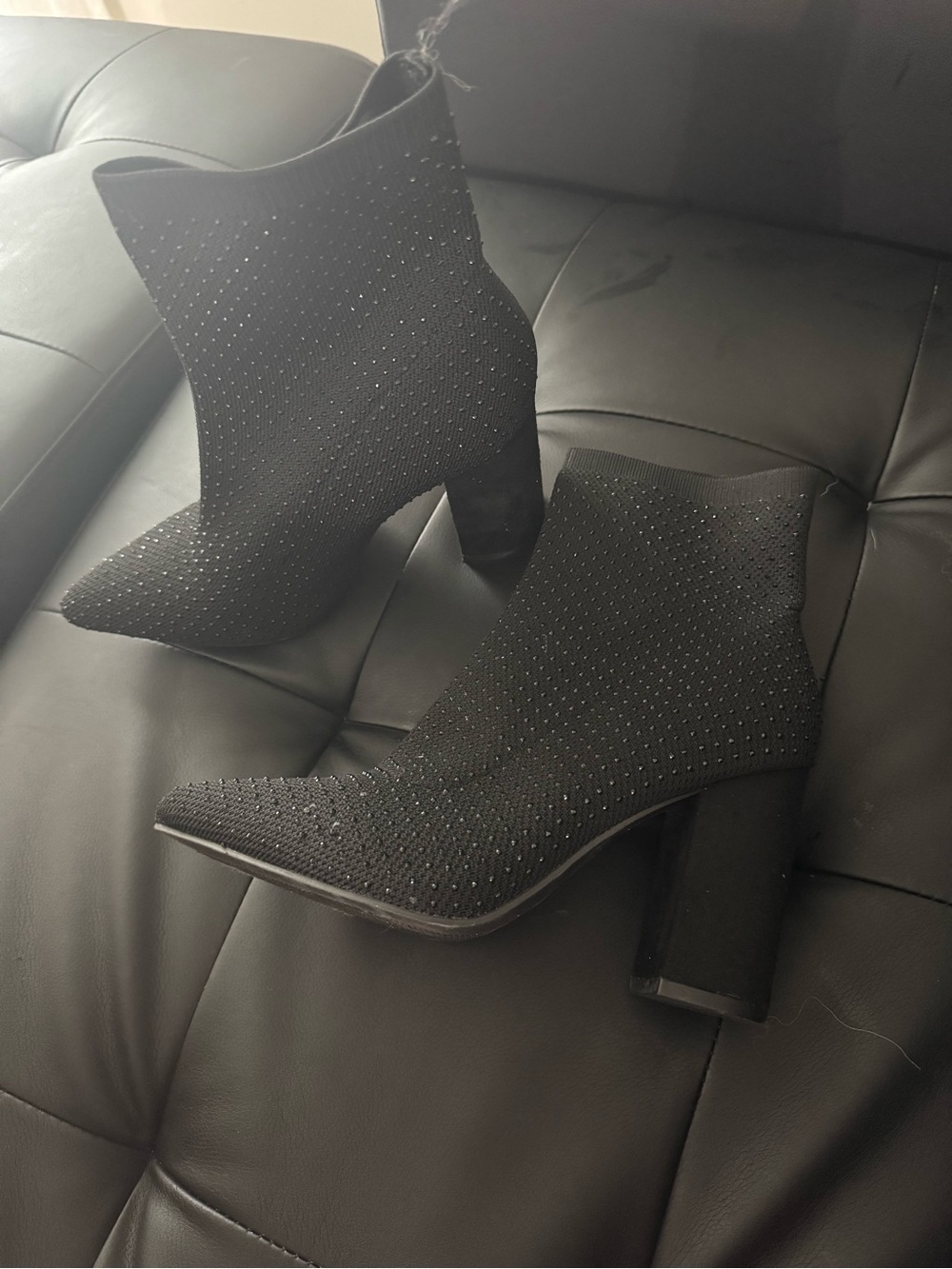 MIA Black Rhinestone Knit Ankle Booties with Block Heel